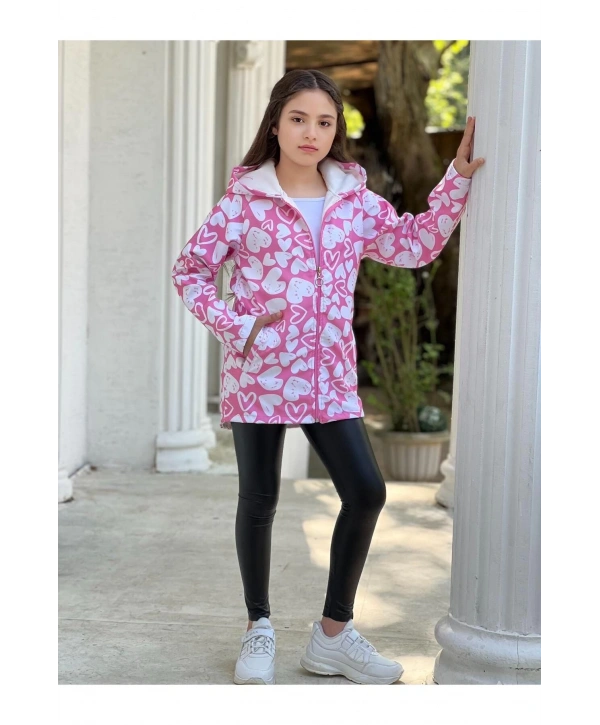 Kız Çocuk Pembe Beyaz Kalpli Su Ve Rüzgar Geçirmez Trençkot-Yağmurluk-Rüzgarlık