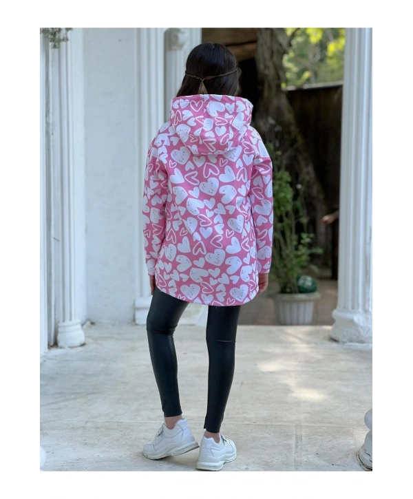 Kız Çocuk Pembe Beyaz Kalpli Su Ve Rüzgar Geçirmez Trençkot-Yağmurluk-Rüzgarlık