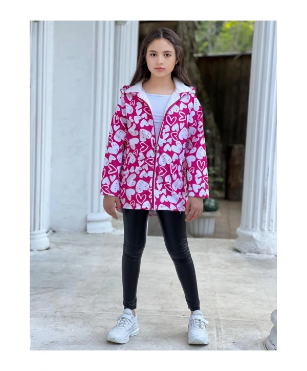 Kız Çocuk Fuşya Pembe Beyaz Kalpli Su Ve Rüzgar Geçirmez Trençkot-Yağmurluk-Rüzgarlık