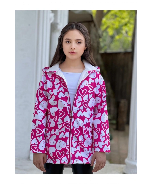 Kız Çocuk Fuşya Pembe Beyaz Kalpli Su Ve Rüzgar Geçirmez Trençkot-Yağmurluk-Rüzgarlık