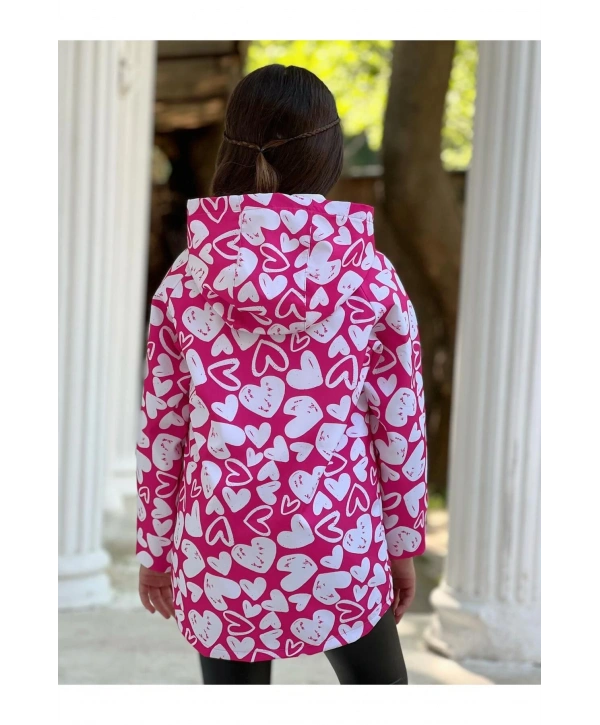 Kız Çocuk Fuşya Pembe Beyaz Kalpli Su Ve Rüzgar Geçirmez Trençkot-Yağmurluk-Rüzgarlık