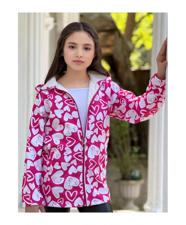 Kız Çocuk Fuşya Pembe Beyaz Kalpli Su Ve Rüzgar Geçirmez Trençkot-Yağmurluk-Rüzgarlık