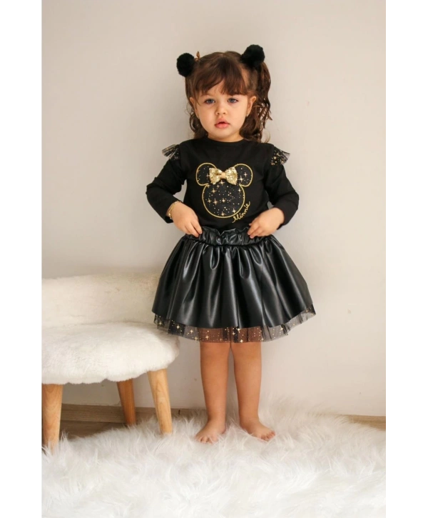 Kız Çocuk Siyah Deri Etekli Bluzlu Alt Üst Takım-bayramlık