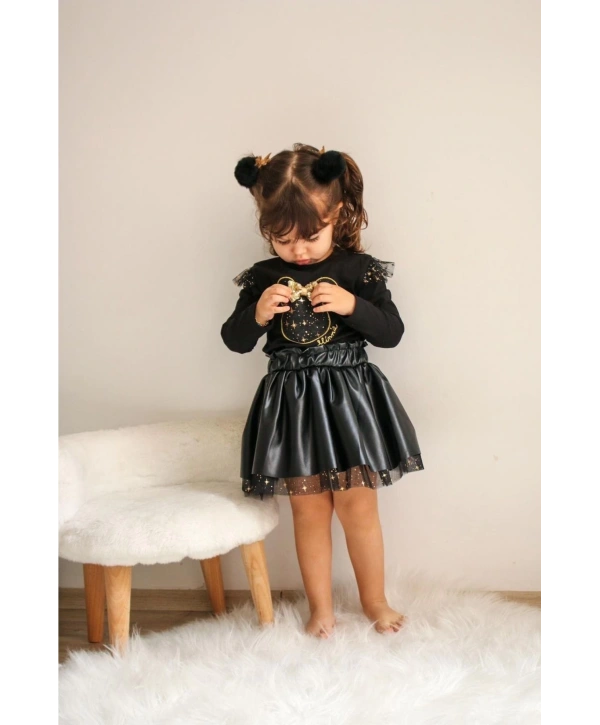 Kız Çocuk Siyah Deri Etekli Bluzlu Alt Üst Takım-bayramlık
