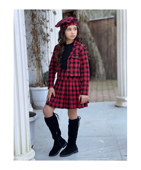 KIZ ÇOCUK EKOSE DESENLİ ETEK-CEKET-BLUZ-RESSAM ŞAPKA DÖRTLÜ TAKIM-BAYRAMLIK