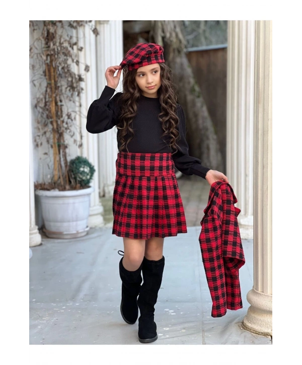 KIZ ÇOCUK EKOSE DESENLİ ETEK-CEKET-BLUZ-RESSAM ŞAPKA DÖRTLÜ TAKIM-BAYRAMLIK