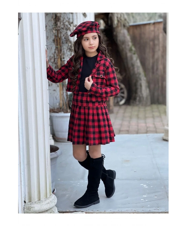 KIZ ÇOCUK EKOSE DESENLİ ETEK-CEKET-BLUZ-RESSAM ŞAPKA DÖRTLÜ TAKIM-BAYRAMLIK