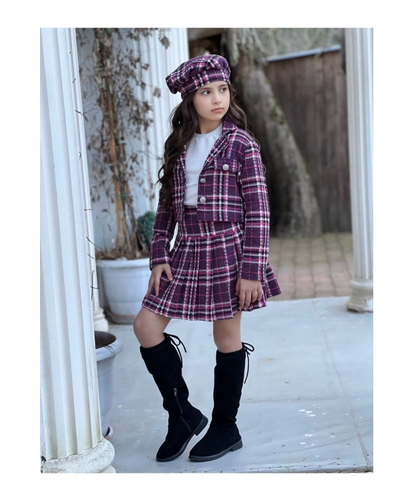 Kız Çocuk Ekose Desenli Etek-ceket-bluz-ressam Şapka Dörtlü Takım-bayramlık