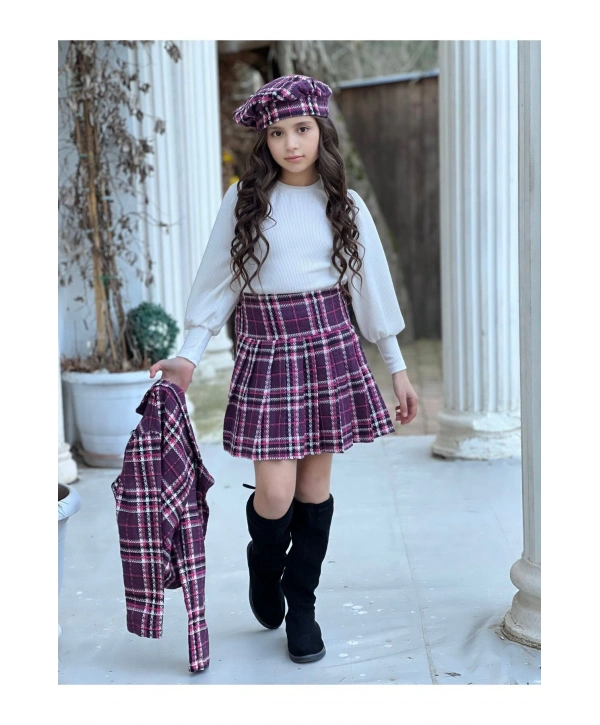 Kız Çocuk Ekose Desenli Etek-ceket-bluz-ressam Şapka Dörtlü Takım-bayramlık
