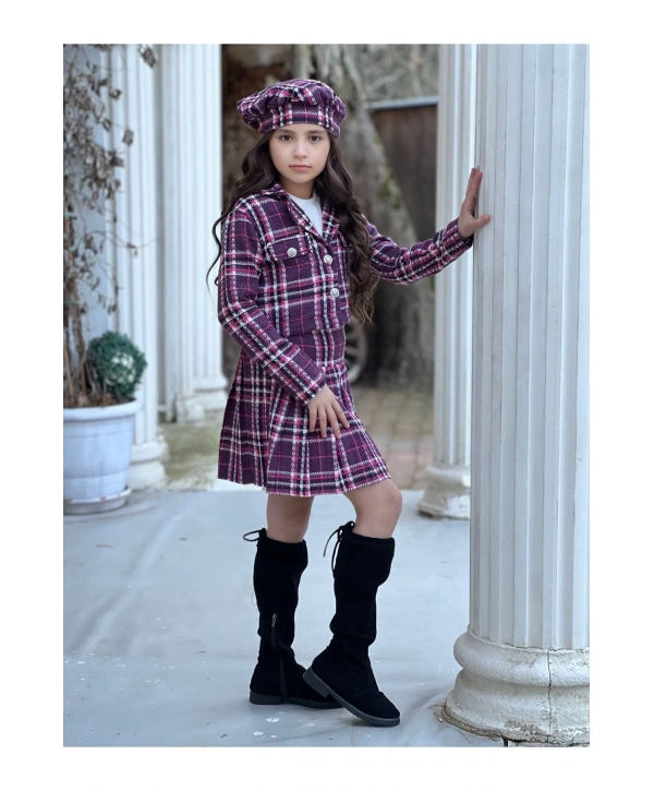 Kız Çocuk Ekose Desenli Etek-ceket-bluz-ressam Şapka Dörtlü Takım-bayramlık