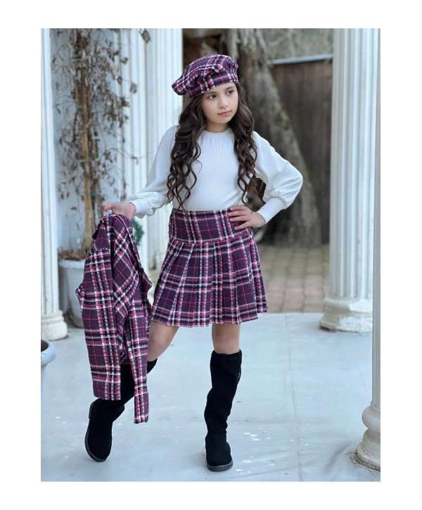 Kız Çocuk Ekose Desenli Etek-ceket-bluz-ressam Şapka Dörtlü Takım-bayramlık