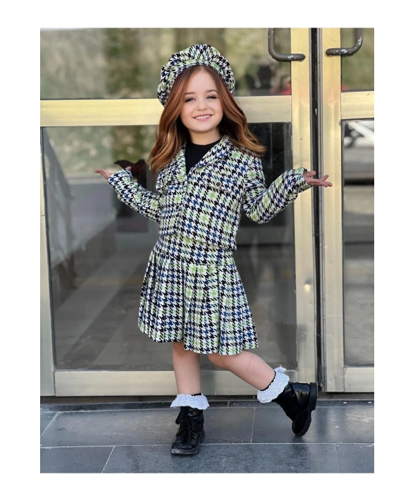 KIZ ÇOCUK EKOSE DESENLİ ETEK-CEKET-BLUZ-RESSAM ŞAPKA DÖRTLÜ TAKIM-BAYRAMLIK