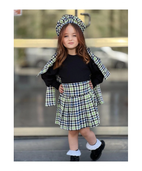 KIZ ÇOCUK EKOSE DESENLİ ETEK-CEKET-BLUZ-RESSAM ŞAPKA DÖRTLÜ TAKIM-BAYRAMLIK