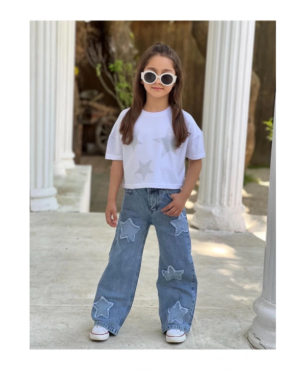 Kız Çocuk Yıldız Eskitmeli Kot (JEANS) Pantolon Ve Beyaz Crop T-shirt Takım