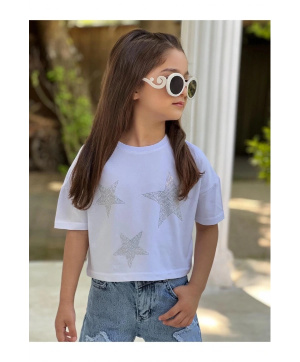 Kız Çocuk Yıldız Eskitmeli Kot (JEANS) Pantolon Ve Beyaz Crop T-shirt Takım