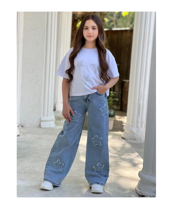 Kız Çocuk Yıldız Eskitmeli Kot (JEANS) Pantolon Ve Beyaz Crop T-shirt Takım