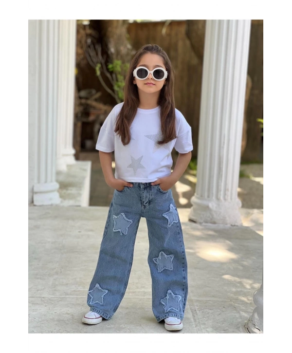 Kız Çocuk Yıldız Eskitmeli Kot (JEANS) Pantolon Ve Beyaz Crop T-shirt Takım