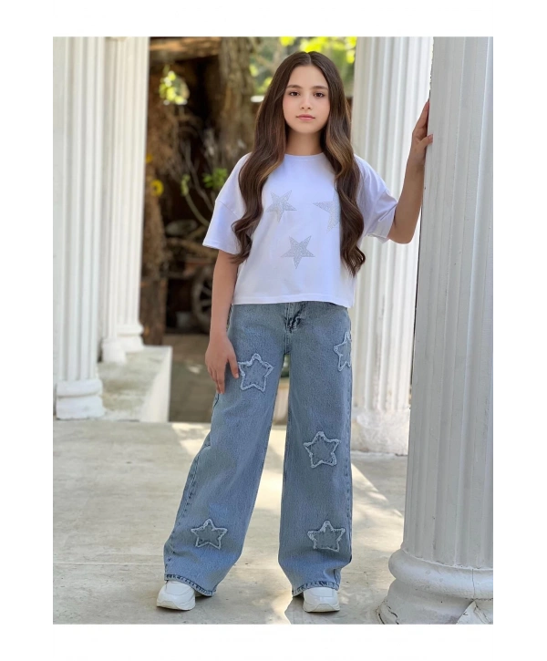 Kız Çocuk Yıldız Eskitmeli Kot (JEANS) Pantolon Ve Beyaz Crop T-shirt Takım