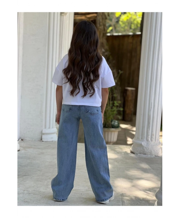 Kız Çocuk Yıldız Eskitmeli Kot (JEANS) Pantolon Ve Beyaz Crop T-shirt Takım