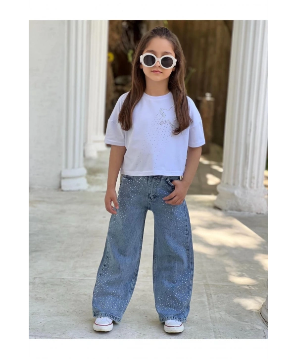 Kız Çocuk Taşlı Kot (JEANS) Pantolon Ve Beyaz Crop T-shirt Takım