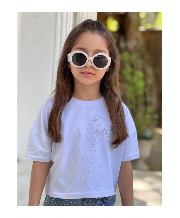 Kız Çocuk Taşlı Kot (JEANS) Pantolon Ve Beyaz Crop T-shirt Takım