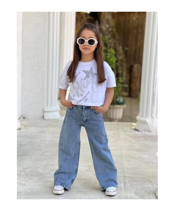 Kız Çocuk Cool Kot (JEANS) Pantolon Ve Beyaz Crop T-shirt Takım