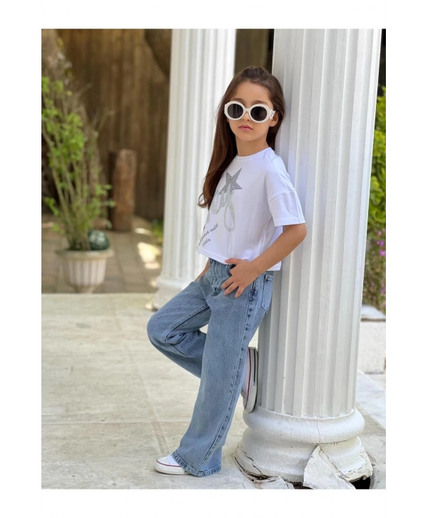 Kız Çocuk Cool Kot (JEANS) Pantolon Ve Beyaz Crop T-shirt Takım