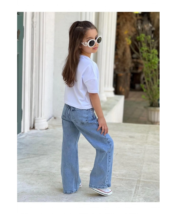 Kız Çocuk Cool Kot (JEANS) Pantolon Ve Beyaz Crop T-shirt Takım