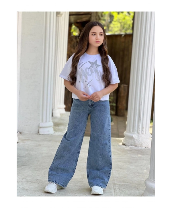 Kız Çocuk Cool Kot (JEANS) Pantolon Ve Beyaz Crop T-shirt Takım