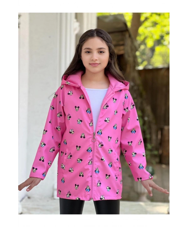 Kız Çocuk Pembe Su Ve Rüzgar Geçirmez Trençkot-Yağmurluk-Rüzgarlık
