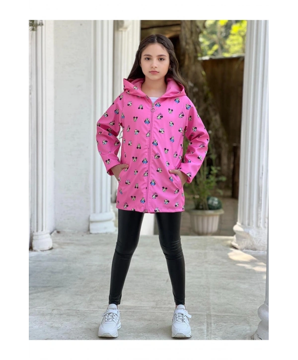 Kız Çocuk Pembe Su Ve Rüzgar Geçirmez Trençkot-Yağmurluk-Rüzgarlık