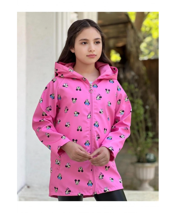 Kız Çocuk Pembe Su Ve Rüzgar Geçirmez Trençkot-Yağmurluk-Rüzgarlık