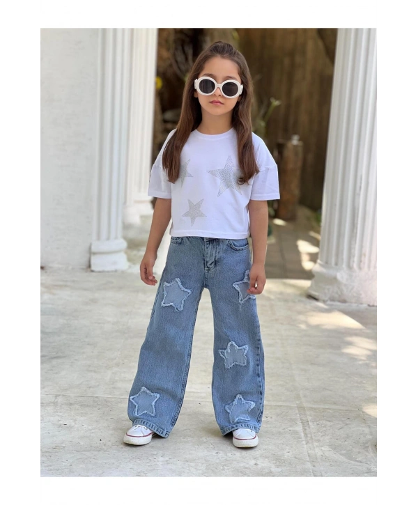 KIZ ÇOCUK YILDIZ ESKİTMELİ KOT PANTOLON (JEANS-DENİM)