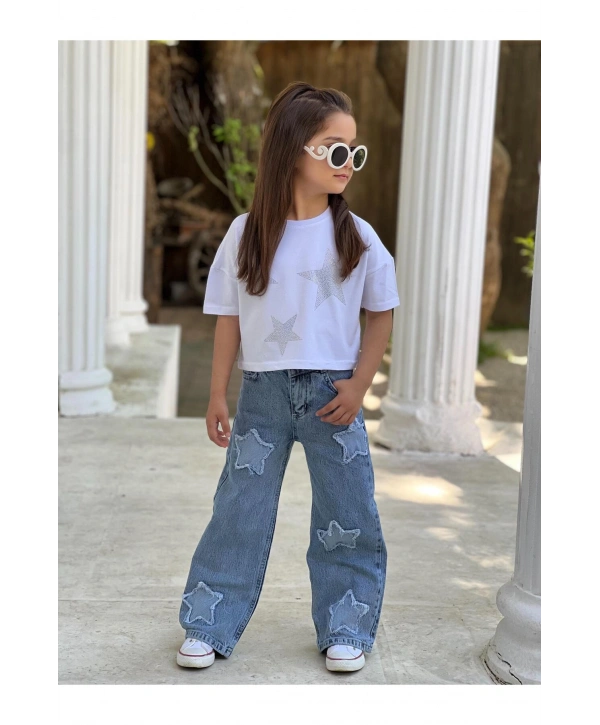 KIZ ÇOCUK YILDIZ ESKİTMELİ KOT PANTOLON (JEANS-DENİM)