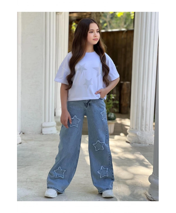 KIZ ÇOCUK YILDIZ ESKİTMELİ KOT PANTOLON (JEANS-DENİM)