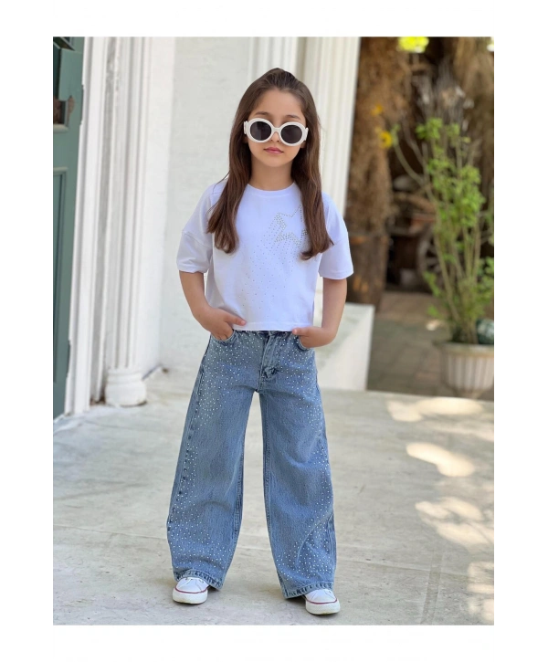 KIZ ÇOCUK TAŞLI KOT PANTOLON (JEANS-DENİM)