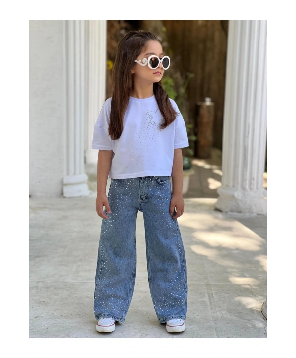KIZ ÇOCUK TAŞLI KOT PANTOLON (JEANS-DENİM)