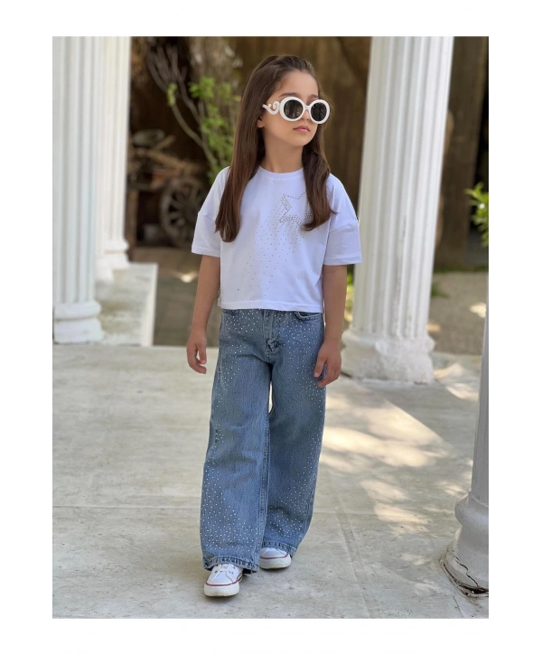 KIZ ÇOCUK TAŞLI KOT PANTOLON (JEANS-DENİM)