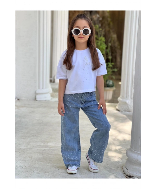 KIZ ÇOCUK TAŞLI KOT PANTOLON (JEANS-DENİM)