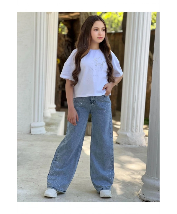 KIZ ÇOCUK TAŞLI KOT PANTOLON (JEANS-DENİM)
