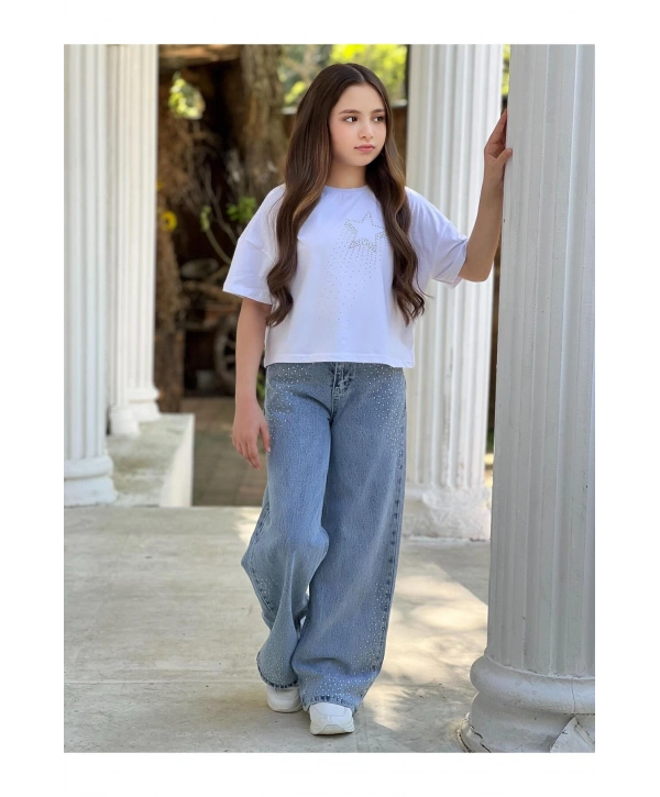 KIZ ÇOCUK TAŞLI KOT PANTOLON (JEANS-DENİM)