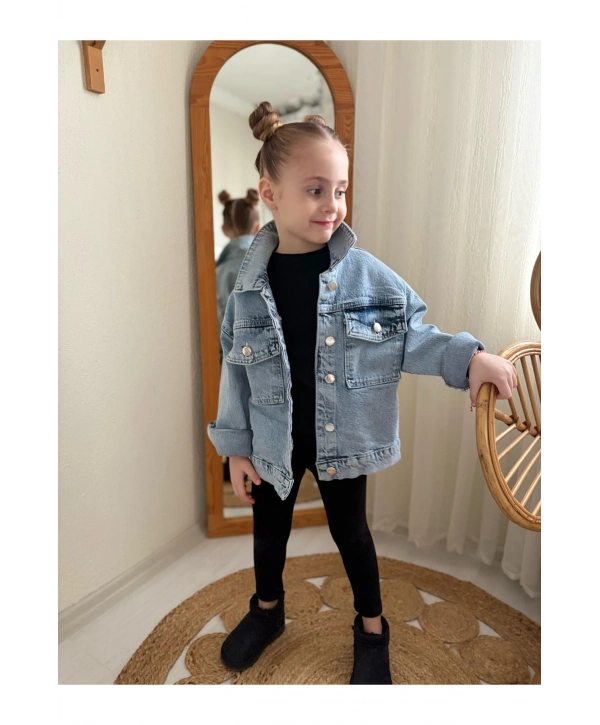 Kız Çocuk Oversize Taşlı Kot Ceket-jeans Ceket/kot Mont-jeans Mont