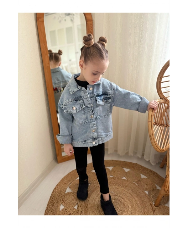 Kız Çocuk Oversize Taşlı Kot Ceket-jeans Ceket/kot Mont-jeans Mont