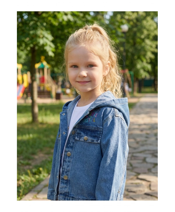 Kız Çocuk Kapşonlu Nakışlı Kot Ceket-Jeans Ceket/Kot Mont-Jeans Mont-Bayramlık