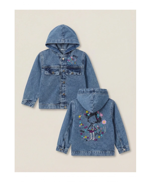 Kız Çocuk Kapşonlu Nakışlı Kot Ceket-Jeans Ceket/Kot Mont-Jeans Mont-Bayramlık