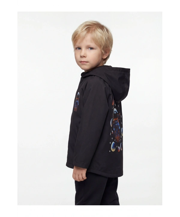 Erkek Çocuk Su Ve Rüzgar Geçirmez Uzay Temalı Siyah Trençkot-yağmurluk-rüzgarlık