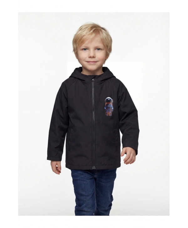 Erkek Çocuk Su Ve Rüzgar Geçirmez Uzay Temalı Siyah Trençkot-yağmurluk-rüzgarlık