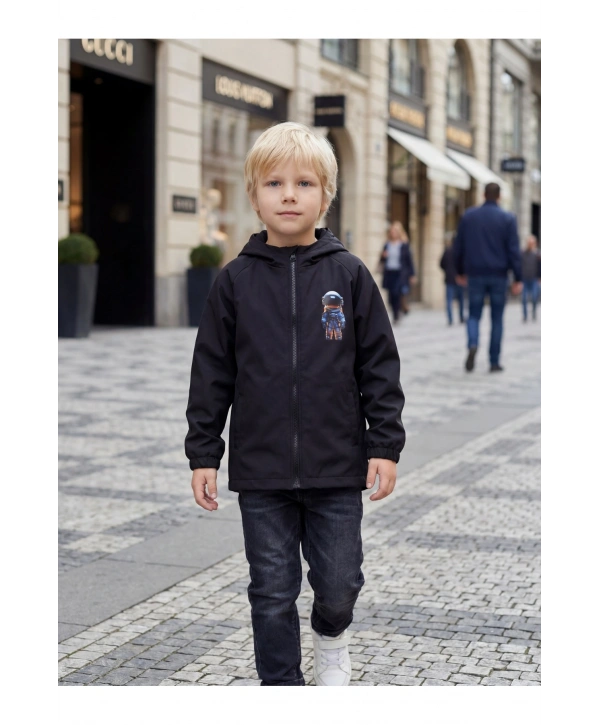Erkek Çocuk Su Ve Rüzgar Geçirmez Uzay Temalı Siyah Trençkot-yağmurluk-rüzgarlık