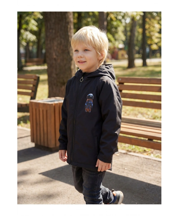 Erkek Çocuk Su Ve Rüzgar Geçirmez Uzay Temalı Siyah Trençkot-yağmurluk-rüzgarlık