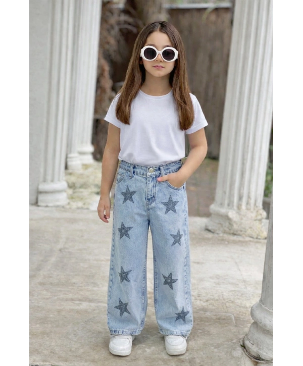 KIZ ÇOCUK TAŞLI YILDIZLI KOT PANTOLON (JEANS-DENİM)-BAYRAMLIK